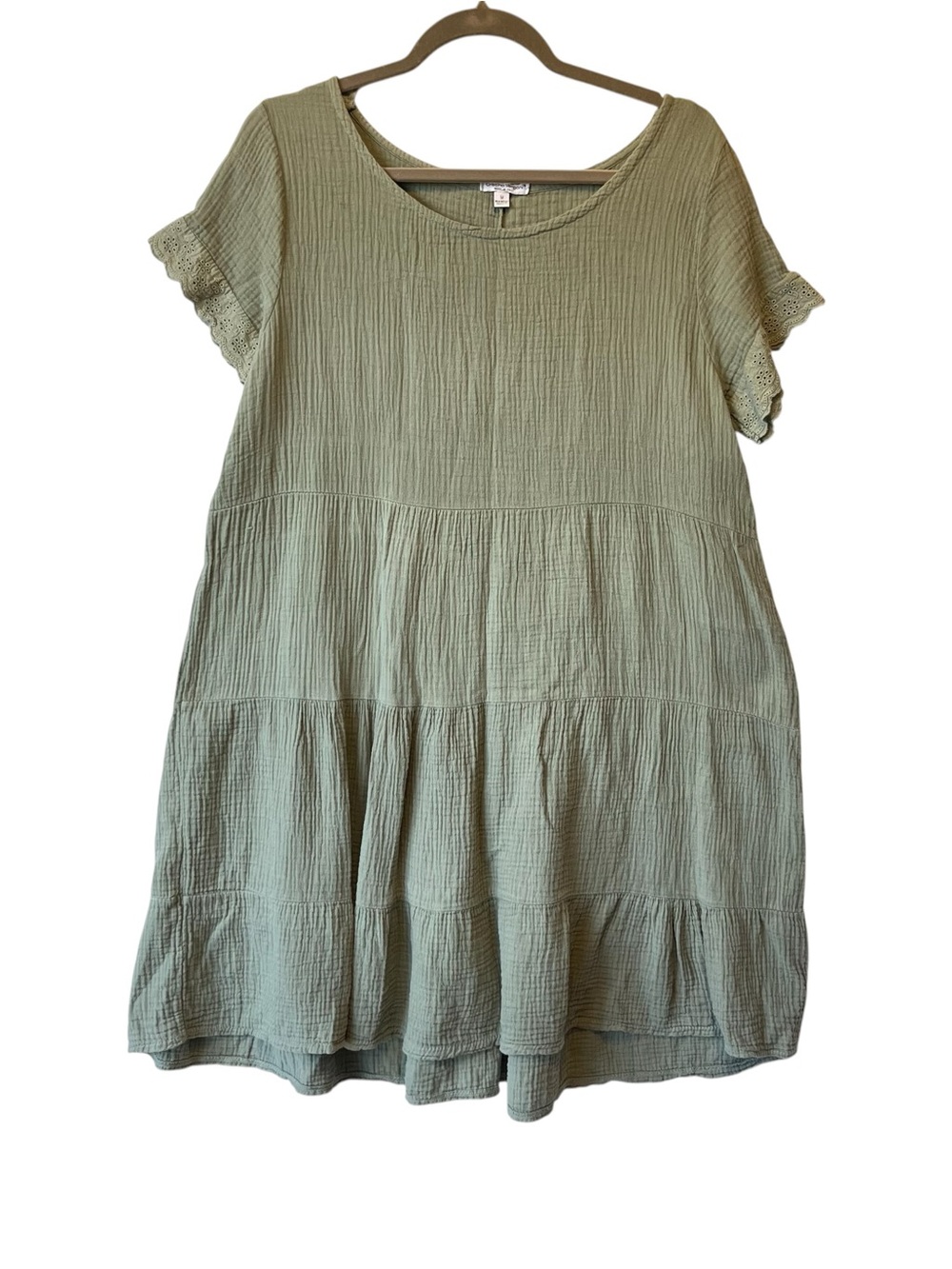 Cristina Vergani tiered swing mini dress M Green Italy 100% Cotton Round neck